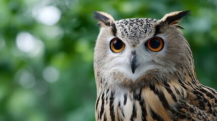 Obraz premium A detailed headshot of a Eurasian Eagle Owl capturing its intense orange eyes sharp beak and intricate plumage against a bokeh background of lush green foliage