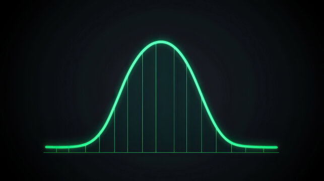Teal green neon normal distribution bell curve conveying concepts of statistics, probability, data analysis, and futuristic visualization