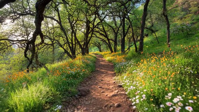 A serene dirt path winding through a vibrant sunlit forest surrounded by lush green foliage and colorful wildflowers ideal for environmental and outdoor concepts
