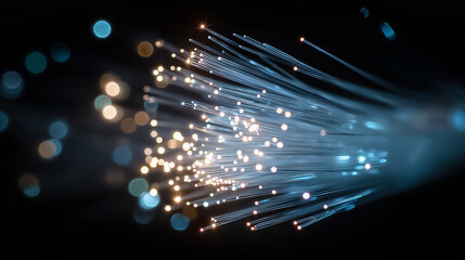 Illuminated Fiber Optic Cables: The image displays a bundle of fiber optic cables with the fiber optic cable shining, symbolizing communication, connectivity, and technological advancement.