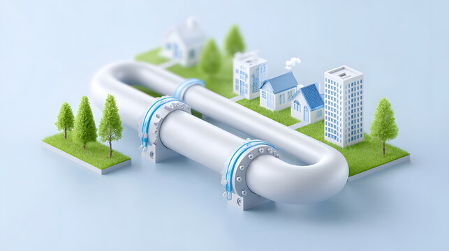Stylized model of a city with houses and a skyscraper bisected by a prominent industrial pipeline designed for resource distribution highlighting urban development and essential services