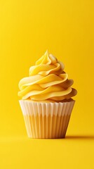 Bright yellow background with a 3D small cupcake with a swirl of icing in the middle, soft and tempting 