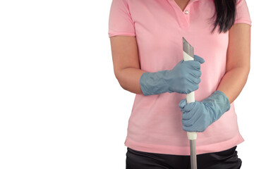 Home Cleaning Routine: A person stands, holding cleaning equipment, dressed in gloves and ready to maintain cleanliness. Capture the essence of everyday chores and hygienic practices