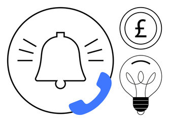 Notifications, communication, business services, alerts, innovation, customer support. Black and white bell, light bulb UK currency symbol and blue phone handset. Notifications and communication