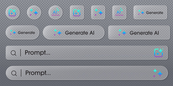 Set of AI generative button elements in a liquid glass style for user interfaces.  Modern artificial intelligence symbol for ui, ux design, application, and web. Vector illustration.