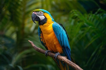A vibrant blue and yellow macaw perched on a branch in a lush green rainforest