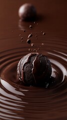 Chocolate brown background with a 3D chocolate truffle in the center, rich and velvety 