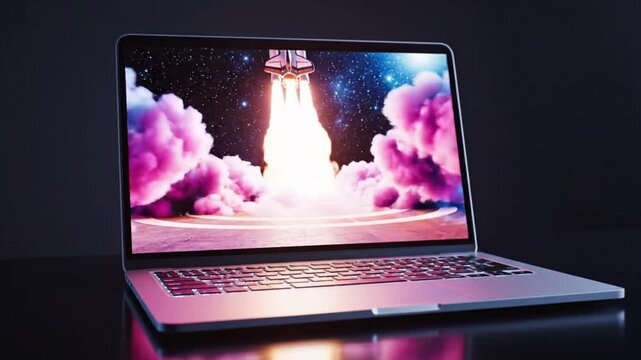 Space shuttle rocket launching out of laptop computer screen