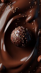 Chocolate brown background with a 3D chocolate truffle in the center, rich and velvety 