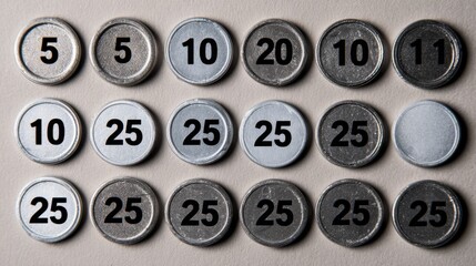 Assorted metal tokens displayed in a grid for game or educational use