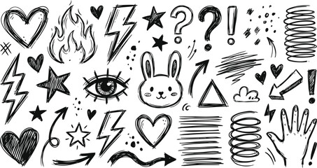 Hand drawn doodle icons set with hearts, stars, and symbols © Vector Brush