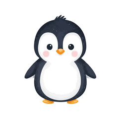 A cute, cartoon-like penguin with white belly and black feathers stands upright
