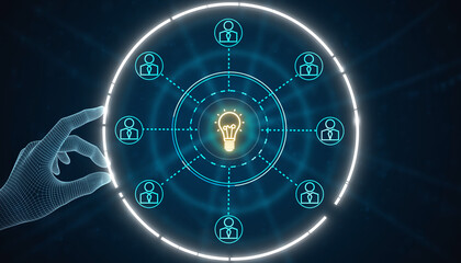 Illuminating Connections: A glowing network radiates around a central light bulb, with hand engaging with digital display, symbolizing the sharing of ideas in a connected world.