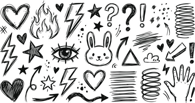 Hand drawn doodle icons set with hearts, stars, and symbols
