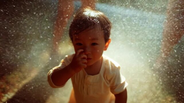 A joyful toddler experiences the magic of a sunlit water spray, giggling and splashing while exploring the enchanting world around them, creating memories filled with laughter and wonder.