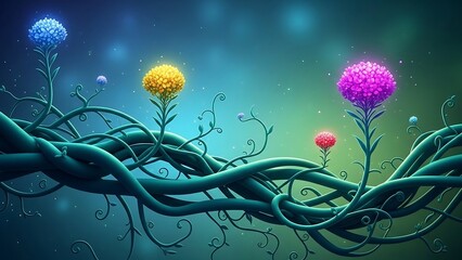 Vibrant flowers growing from circuit board.