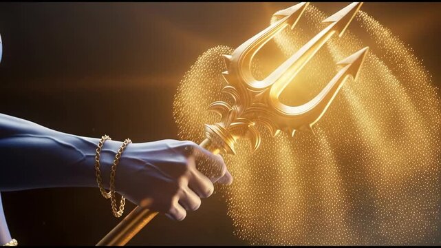 Cinematic 3D video footage of a blue hand holding the highly detailed golden Trishula (Trident), the weapon of the Hindu God Shiva, against a dark, mystical background with motion effects.
