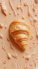 Pale peach background with a 3D small croissant in the middle, golden brown and flaky texture 