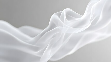 Abstract ethereal movement of soft white translucent fabric swirling in gentle waves across a subtle light grey gradient backdrop conveying purity and elegance