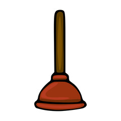 A simple vector illustration of a classic red plunger with a brown handle, presented in a clean, graphic style.