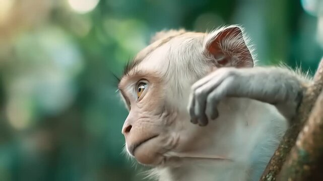 Close up of a curious monkey perched on a tree branch in a natural habitat