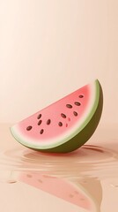 Soft beige background with a 3D small watermelon slice in the middle, juicy and refreshing 