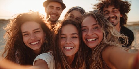Group of friends smiling and taking a selfie at the beach during sunset