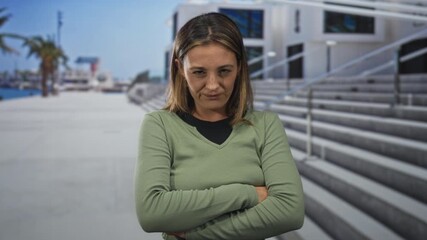 Woman with arms crossed and a grimace at building stairs outdoors by a waterfront promenade; annoyance defiance.