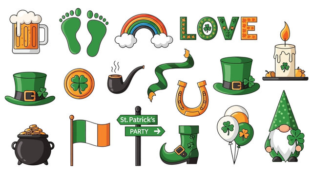 St. Patrick's Day themed clip art featuring symbols like shamrocks, leprechaun hats, and a pot of gold. - Powered by Adobe