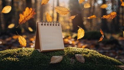 A blank calendar standing outdoors with falling autumn leaves