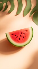 Soft beige background with a 3D small watermelon slice in the middle, juicy and refreshing 