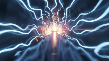 A glowing tunnel stretches forward, illuminated by vibrant blue and orange lines of light. The pathway leads to a bright light at the end, creating an intriguing visual effect.