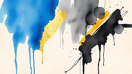 Abstract watercolor splashes of blue yellow and gray on a light background