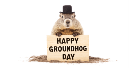 A Groundhog wearing a top hat holding a sign for Happy Groundhog Day.