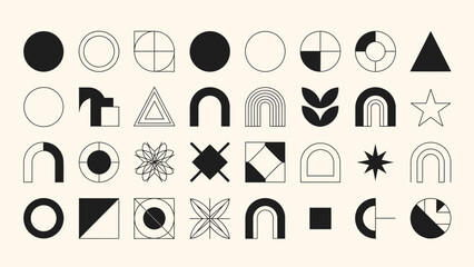 A collection of abstract geometric shapes and icons in a minimalist, retro style.