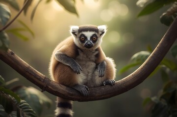 Obraz premium A lemur perches on a curved branch in a lush forest, gazing directly at the camera with expressive eyes.