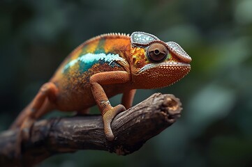 A vibrant chameleon changing colors perched on a branch in a macro shot