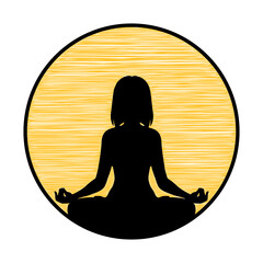 Black silhouette of a woman practicing yoga in lotus pose sitting on the lower part of a circular frame with yellow hatching inside.