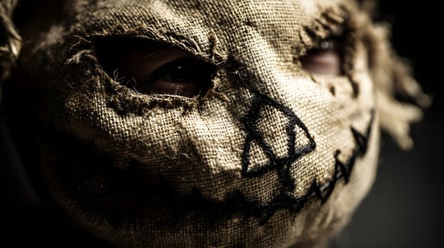 Close up of a frightening burlap mask with stitched details and a visible eye, evoking a sense of horror