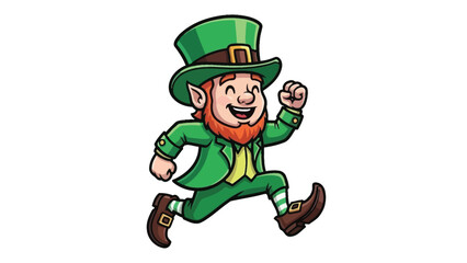 A cheerful leprechaun dressed in green attire, complete with a hat and buckled shoes, is joyfully running.