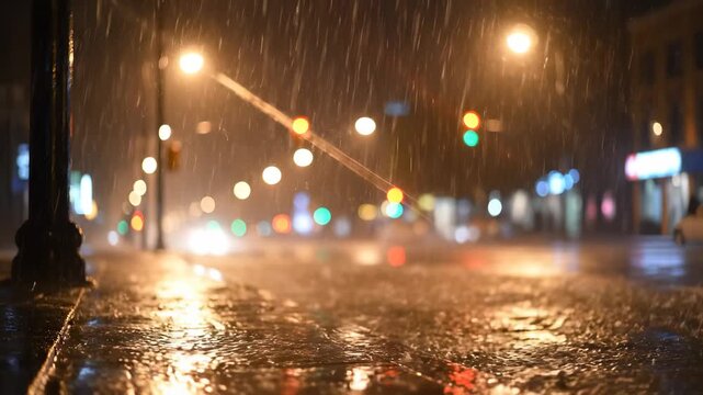 Heavy rain falls on a deserted street, with reflections shimmering on the wet pavement. The streetlights cast a warm glow, creating a tranquil atmosphere despite the rain.