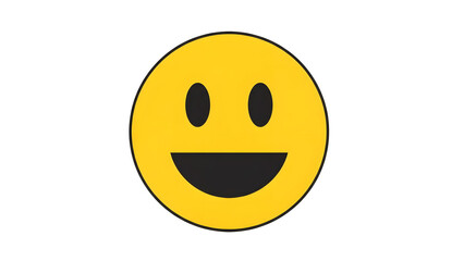 Fototapeta premium A simple, classic yellow smiley face emoji with black eyes and a wide, happy mouth on a white background, symbolizing joy and positivity.