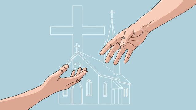 Hands reaching out in front of church with cross