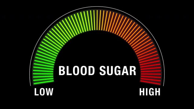 Neon style blood sugar meter animation shifting from green to red levels, symbolizing health status, performance intensity, and vital measurements.
