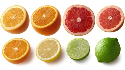 Fototapeta premium Citrus Symphony: An overhead view of a colorful assortment of fresh citrus fruit. Each fruit cut in half. The image offers a refreshing experience.