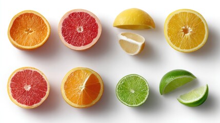 Obraz premium Citrus Symphony: A vibrant ensemble of fresh, juicy citrus fruits, sliced to reveal their inviting textures and colors, creating a visual feast of natural goodness.