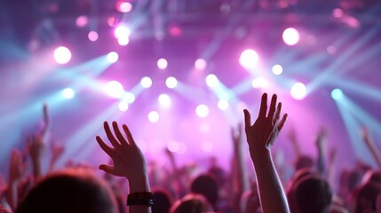 A crowd of people with their hands raised joyfully at an energetic concert or festival bathed in dazzling purple and blue stage lighting capturing a moment of collective excitement