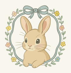 Cute Easter rabbit surrounded by delicate ribbon frame in vintage coquette style with tiny flowers and leaves. Vector isolated illustration