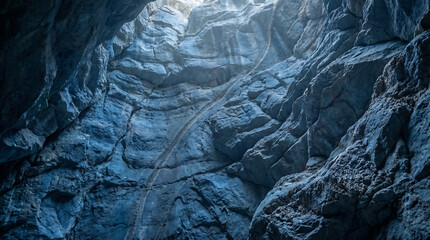 Looking Up Through a Deep Blue Rocky Cave Shaft Towards Bright Sunlight at the Entrance, Concept of Adventure, Exploration and Hope