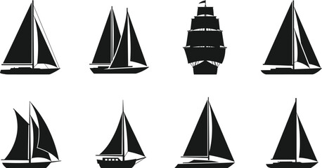 Professional sailboat and nautical ship silhouette set with various yacht designs and sailing vessels for marine travel graphics © Sumona